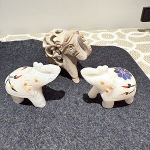 Hand Carved White Marble Elephant withGemstone Inlay Decoration Upturned Trunk